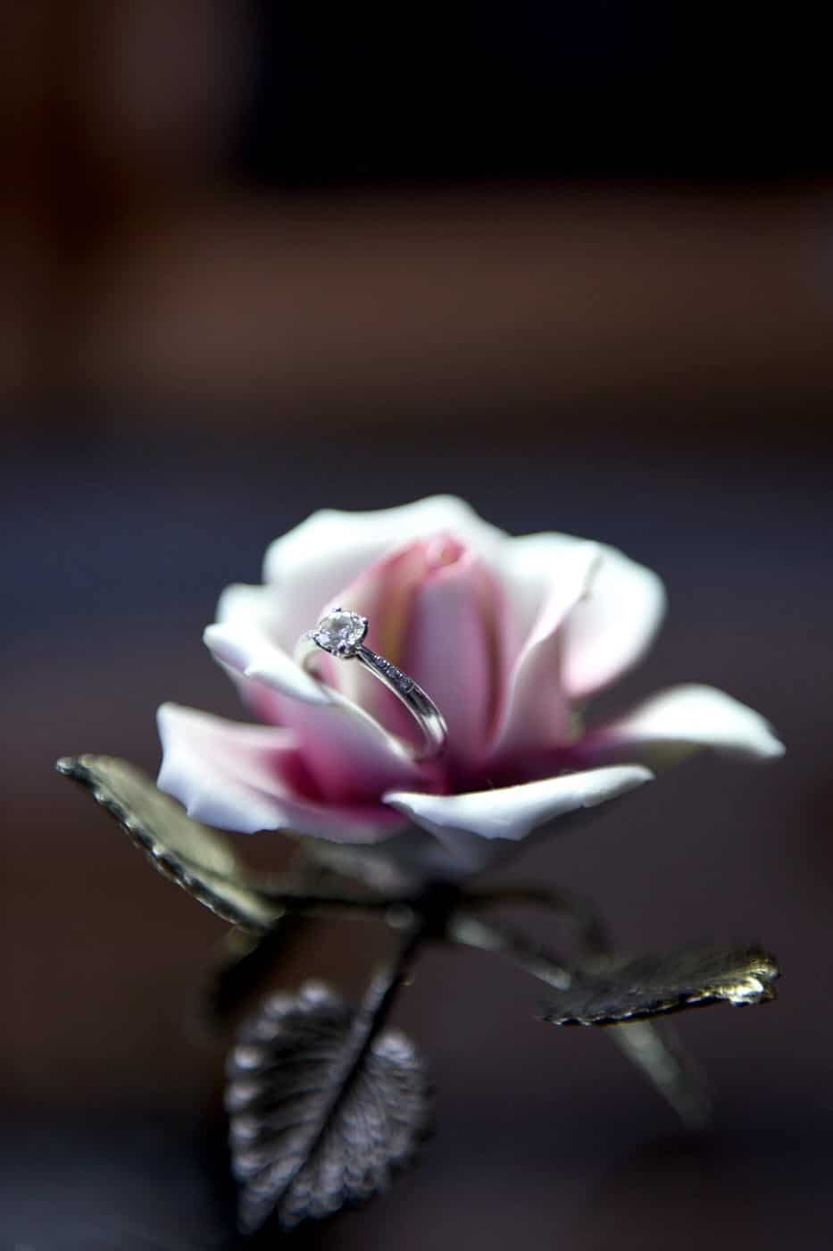 engagement ring closeup detail bride flower decor