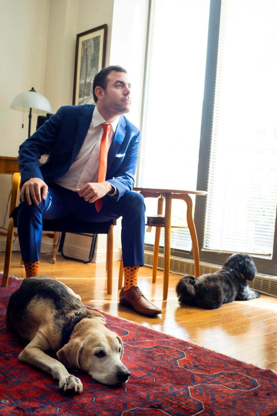 dogs suits amit rhonda jewish groom portrait handsome man orange tie tradition
