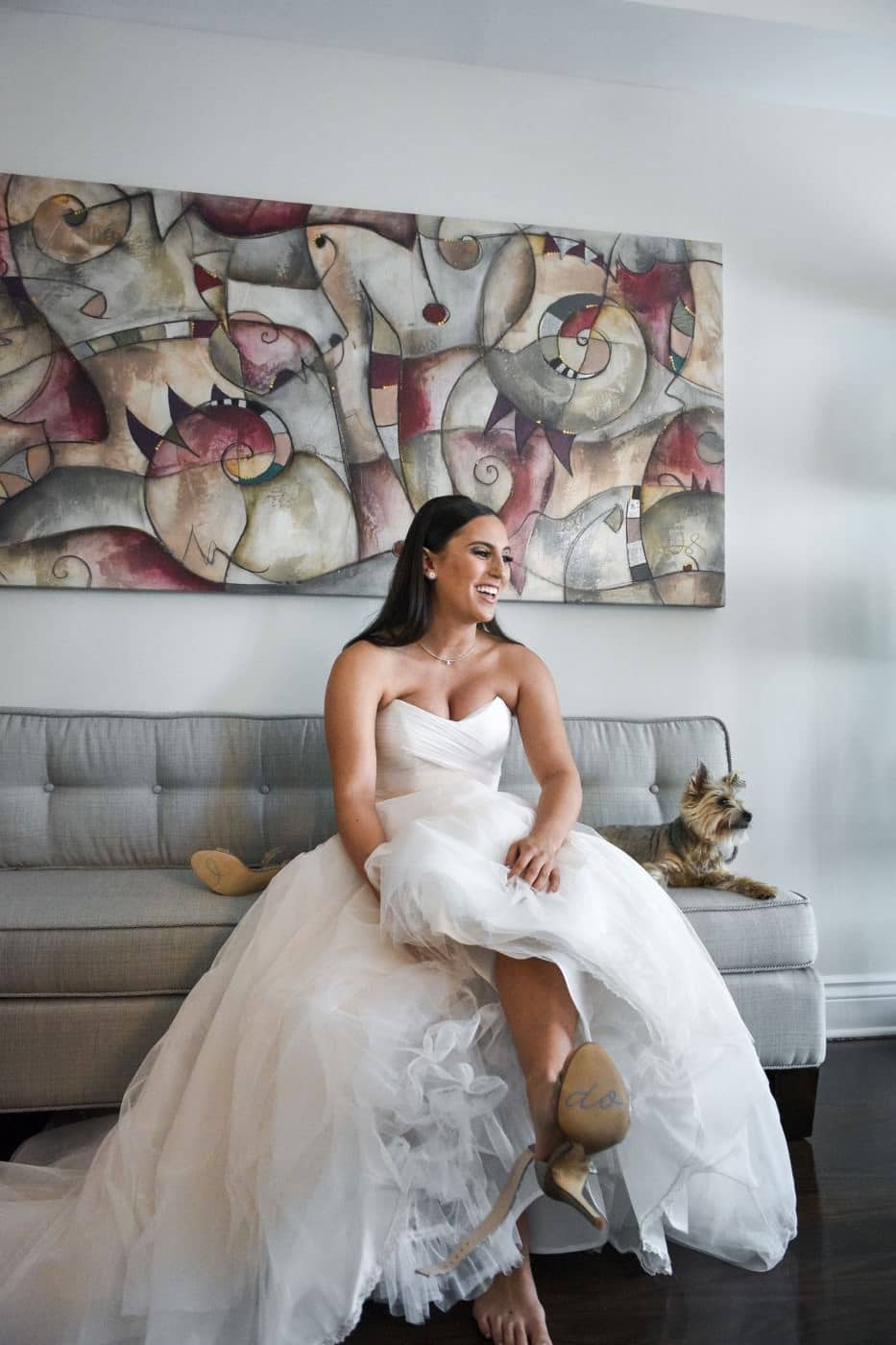 alexandra ben matlin jewish wedding mont blanc montreal laval dress bride getting ready york dog portrait shoes heels